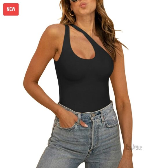 One Shoulder Plunge V Backless Bodysuit Tank Top Slimming Double Lined